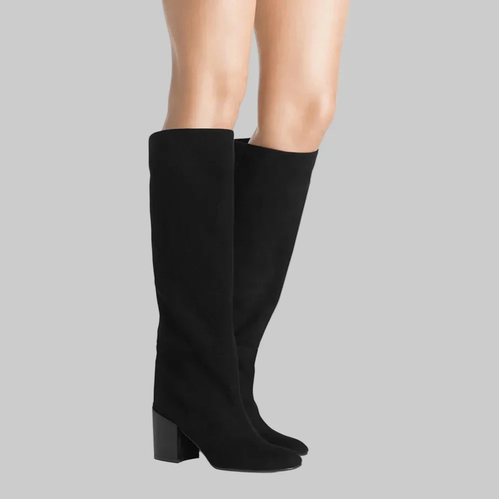 Bella Fekete Térd Feletti Csizma Széles Sarokkal