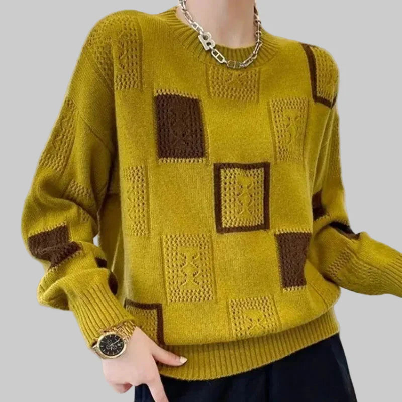 Katerina - Kockás mintás, nyitott kötésű pulóver